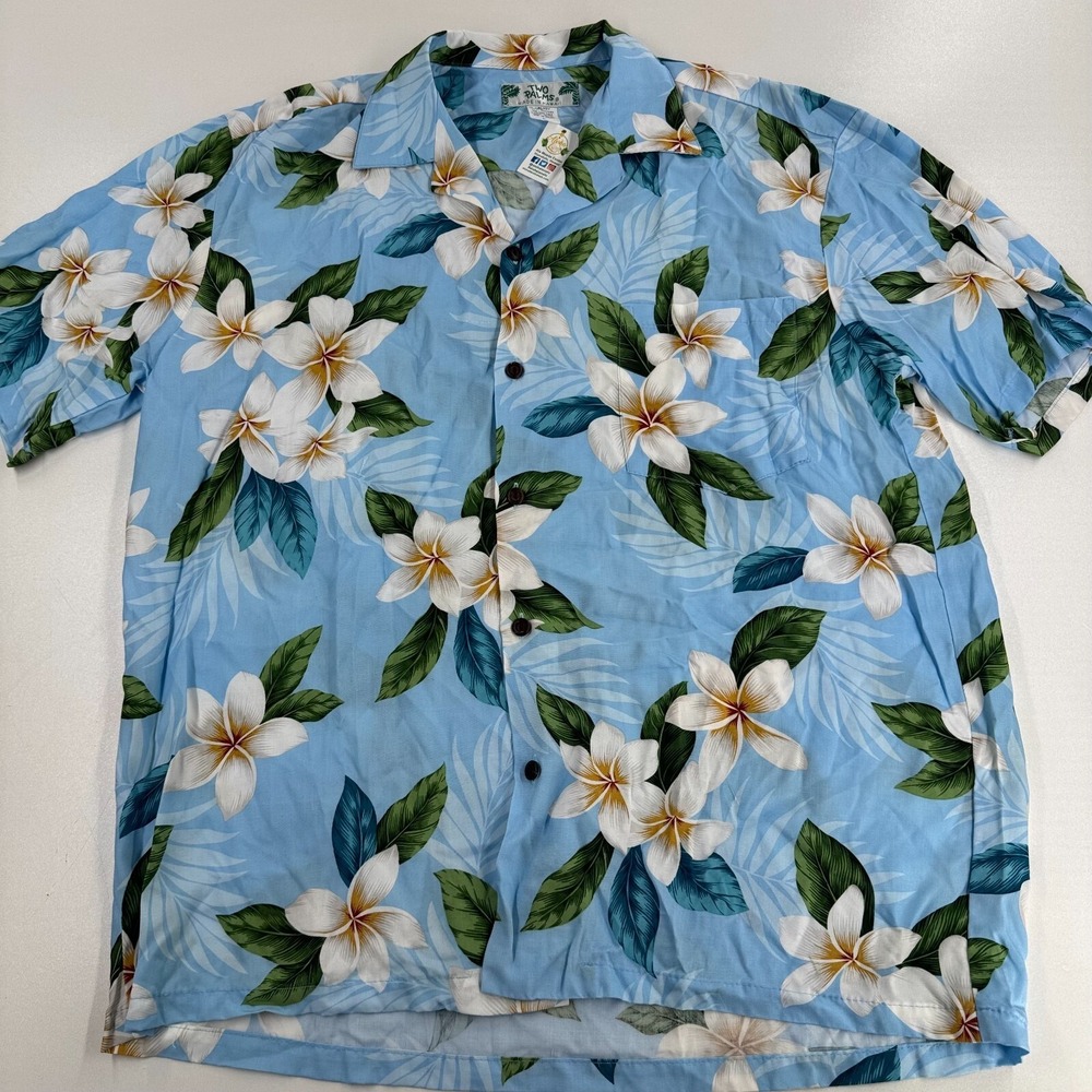 NEW Two Palms Aloha Lane Shirt MENS Blue Plumeria Shower Short Sleeve LARGE